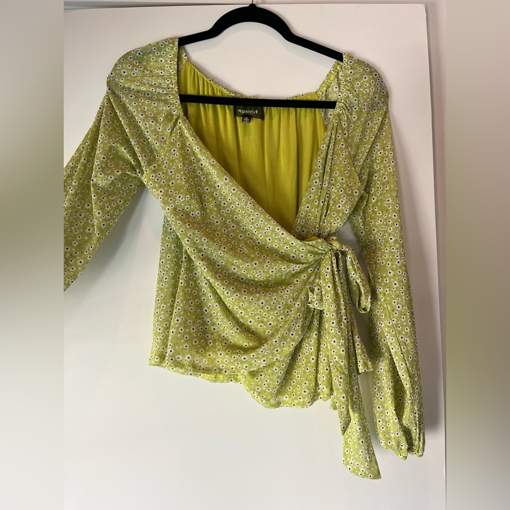 Green Floral Wrap Shirt